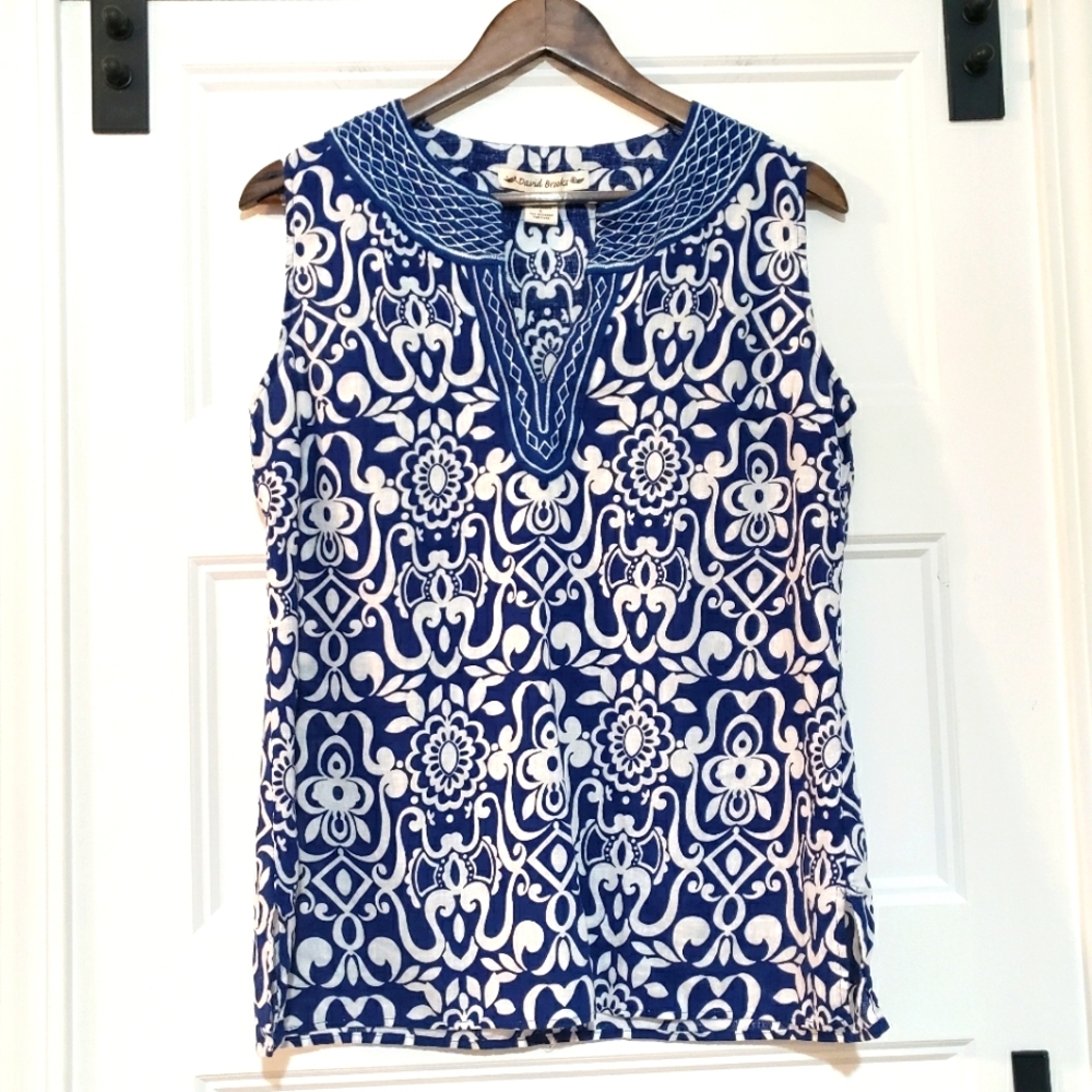 David Brooks Linen Blend Tunic Top Womens L Blue White Embroidered Trim